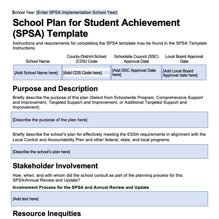 School Plan for Student Achievement (SPSA) Template for the Comprehensive Support and Improvement Plan
